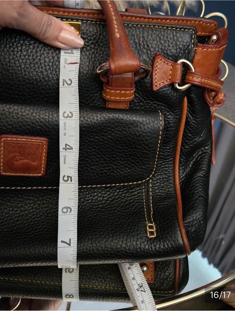 Dooney & Bourke Black Pebbled Leather Tote with Brown Trim